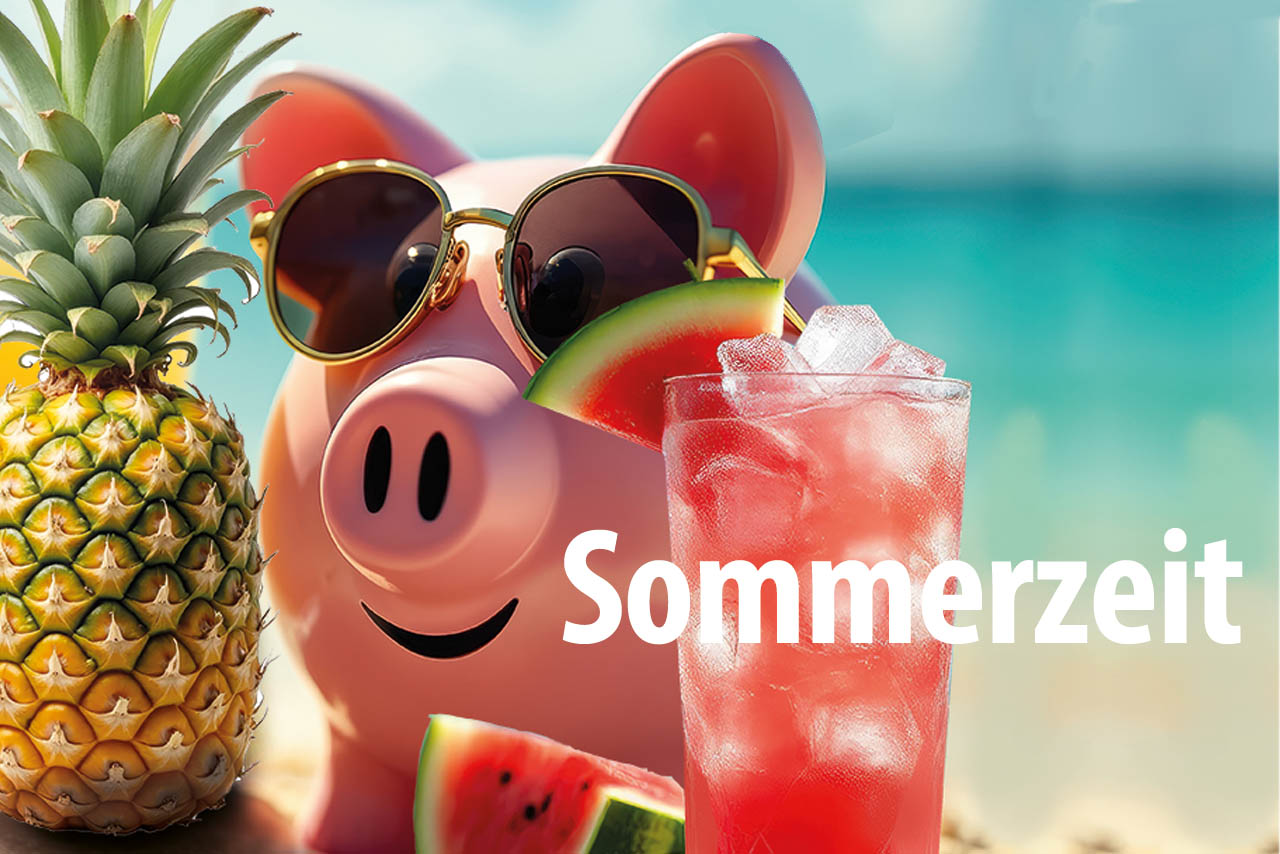 Sommerzeit Sparschwein am Strand mit einer Ananas und Melone